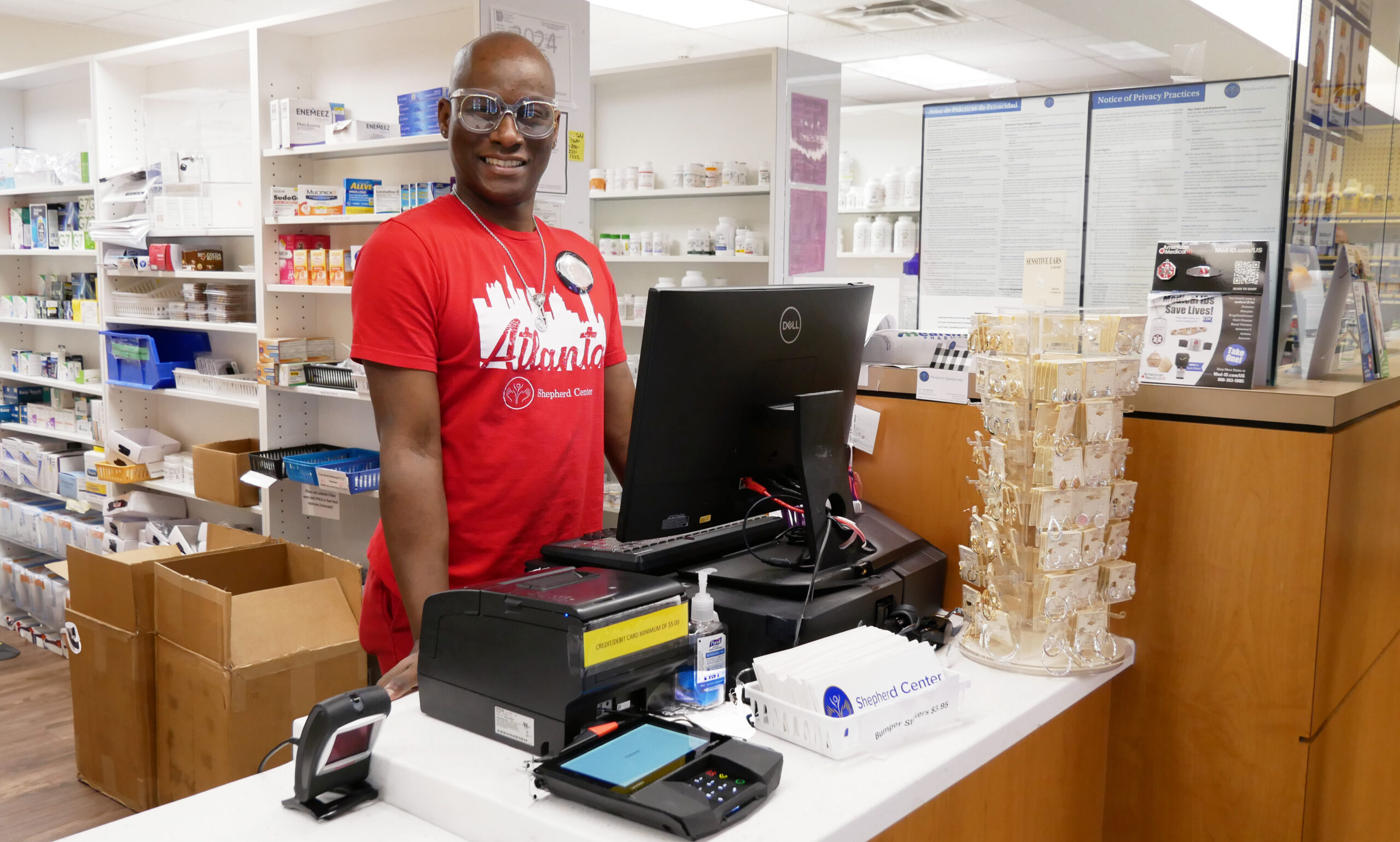 A person wearing a red 