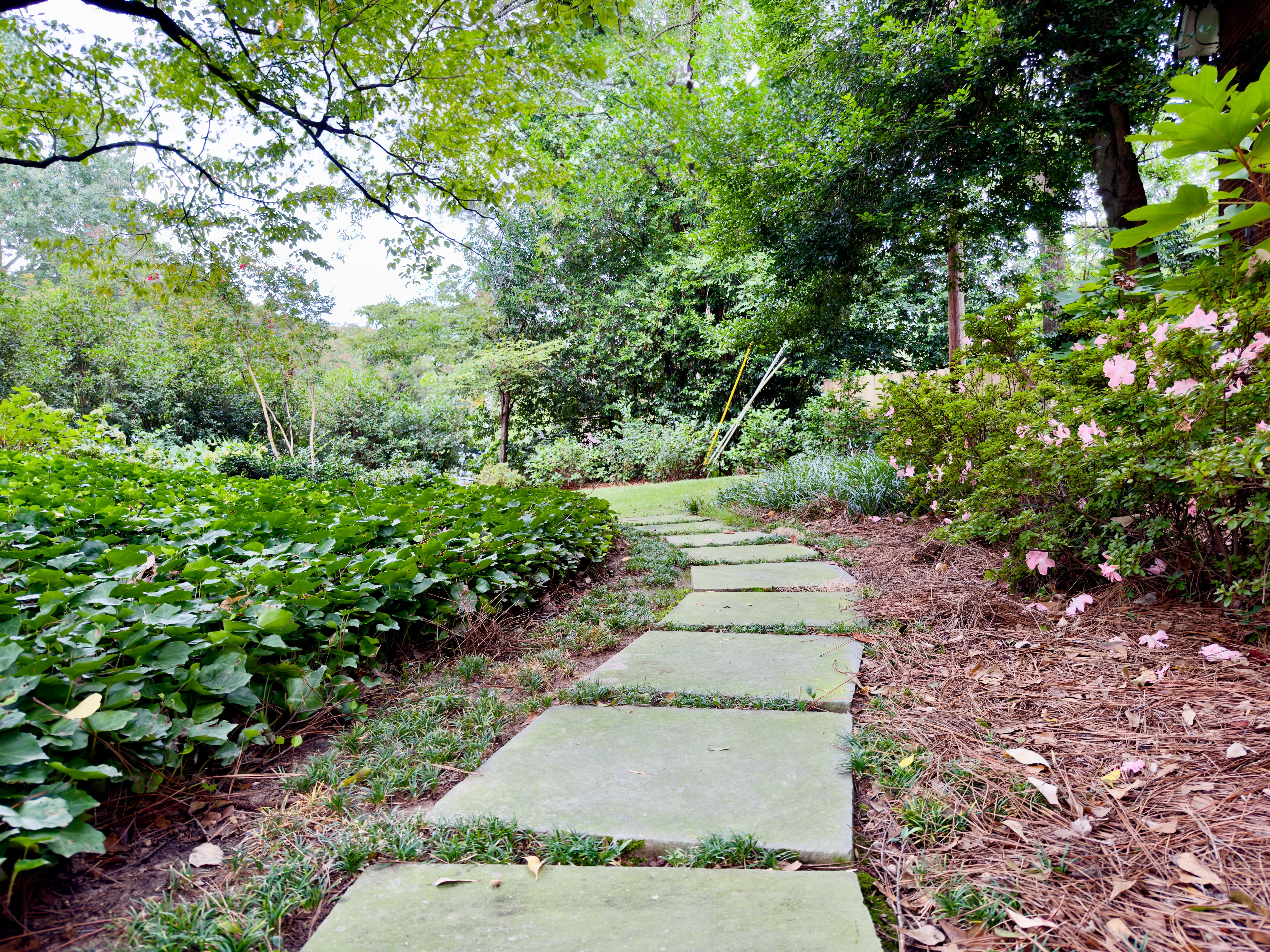 Stone pathway leading into a grassy garden space, surrounded by trees, plants, and flowers.